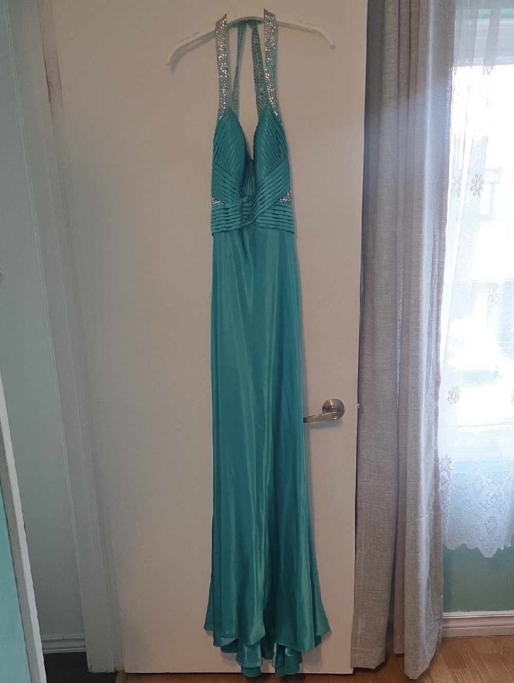 La Femme Teal Halter Gown with Rhinestone Straps